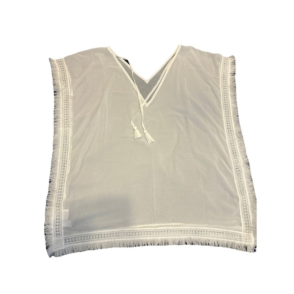 #8159 MELROSE MARKET WHITE BATHING SUIT COVERUP OS LACE FRINGE EDGE  ELEGANT